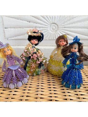 Vintage 60's lot of 4 Beaded Safety Pin & Foam Kitschy MOD Dolls